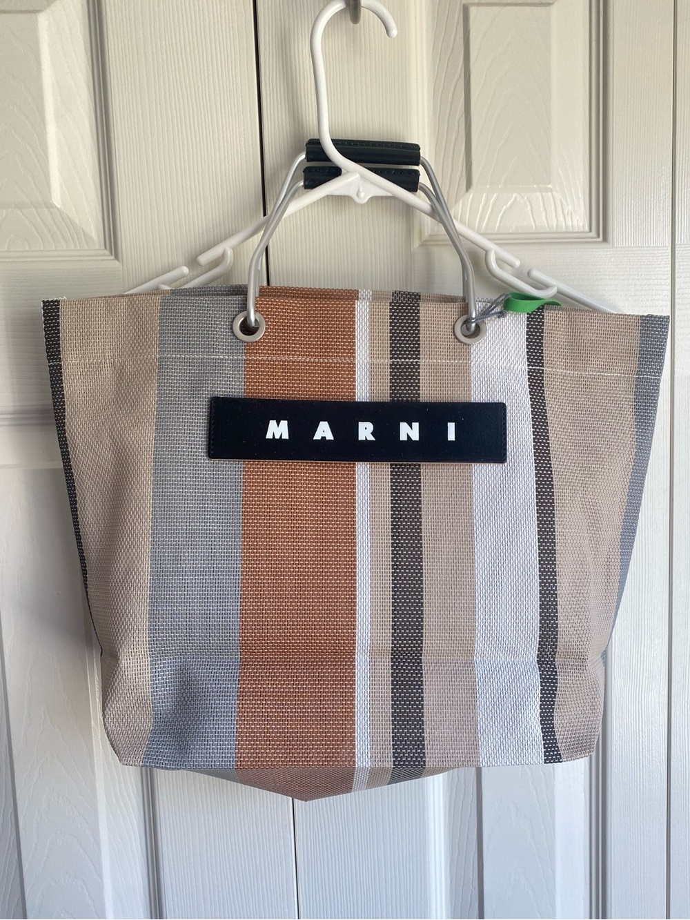 Marni Mesh Striped Market Tote Bag in Beige & Brown